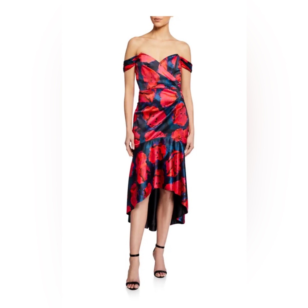 Parker Black Off-Shoulder Red Floral Satin Midi Dress- Size 0